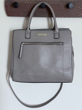 Nine West Grey Gray Smooth Faux Leather Satchel Structured Tote Purse